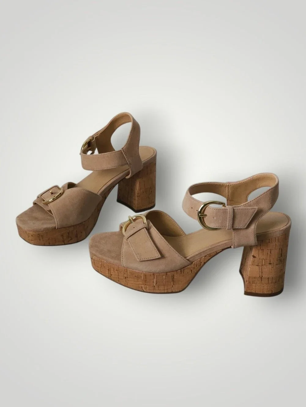Ann‎ Taylor Suede Cork Platform Sandals Women's 8M Tan Nude Block Heel Buckle
